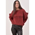 Κωδ.2186Κόκκινο-Πλεκτή Μπλούζα Γυναικεία Χειμερινή, λαιμόκοψη με βολάν στα μανίκια, σε πλέξη καλαμπόκι. ΜΠΛΟΥΖΕΣ Linverno Knitwear